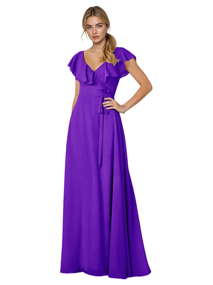 Tie Neck Chiffon Bridesmaid Dress with Flutter Sleeves