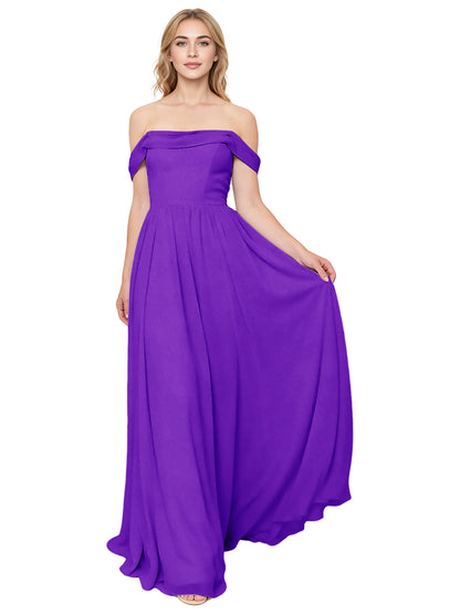 Off Shoulder Pleated Chiffon Bridesmaid Dress with Flowing A-Line Dress