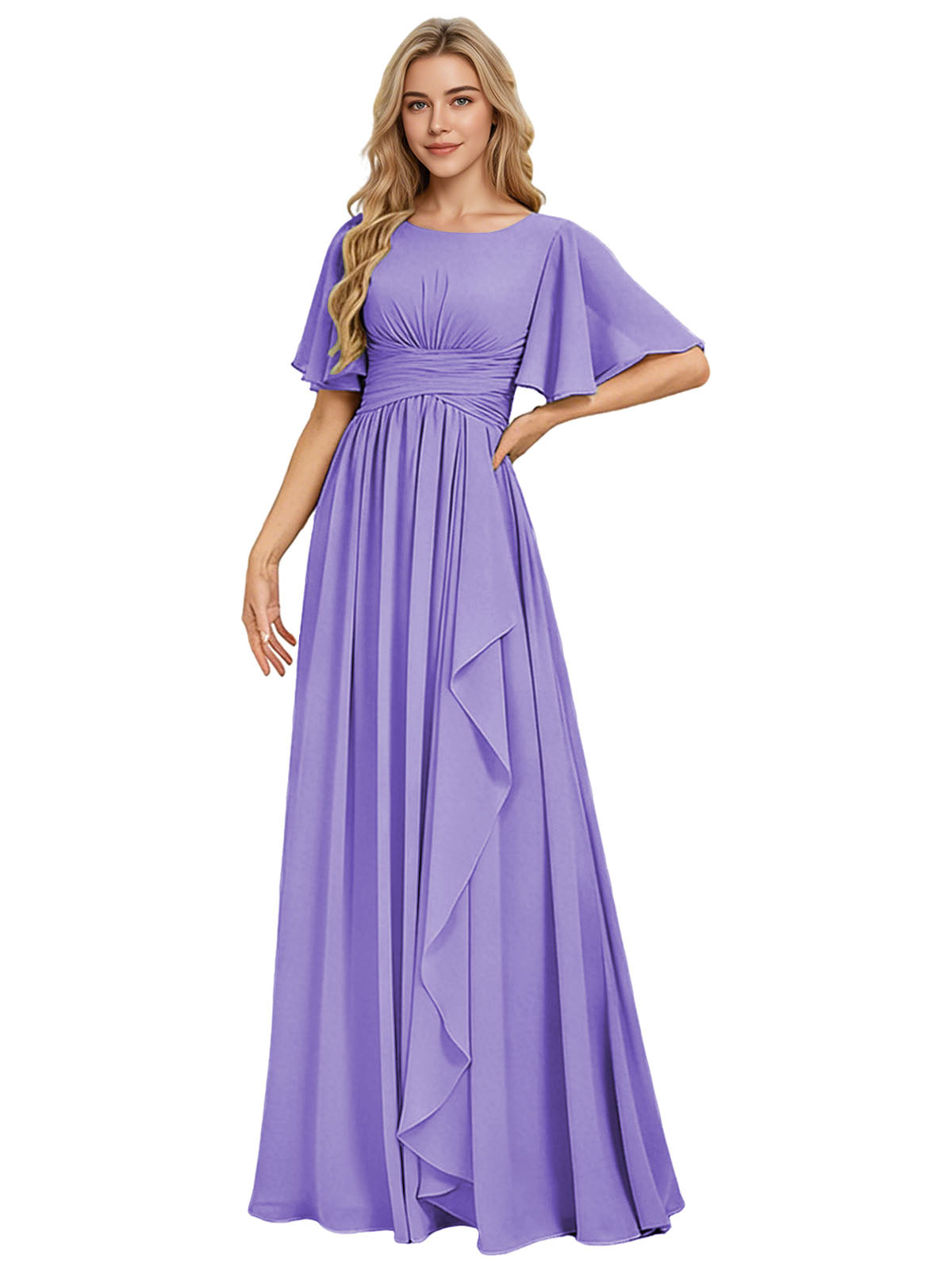 Flutter Sleeve Chiffon Bridesmaid Dress with Tiered Front Ruffle