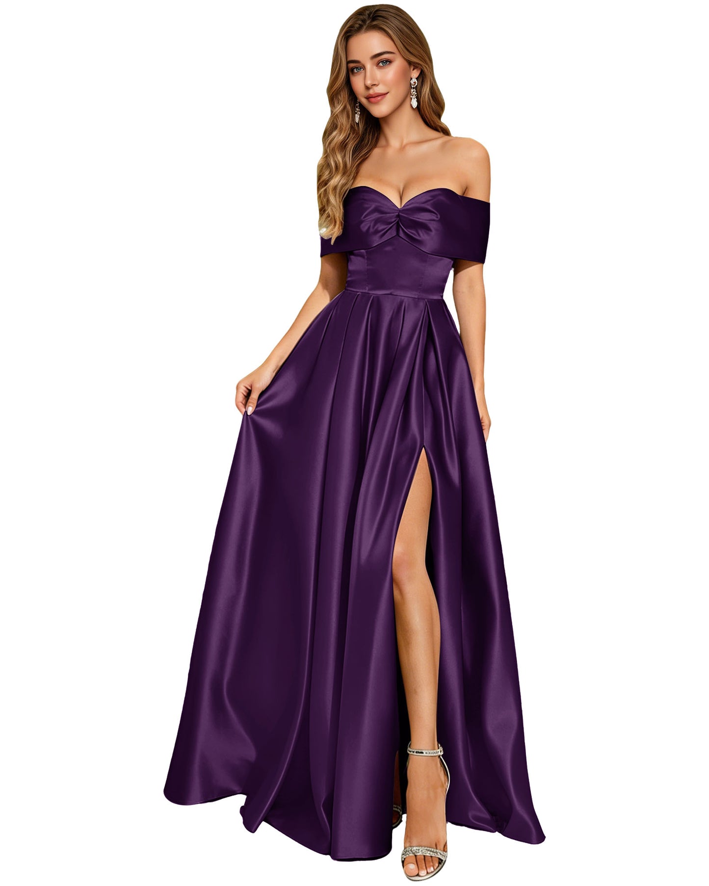 Strapless Bow Satin A-Line Prom Dress with Pleated Bodice and Slit