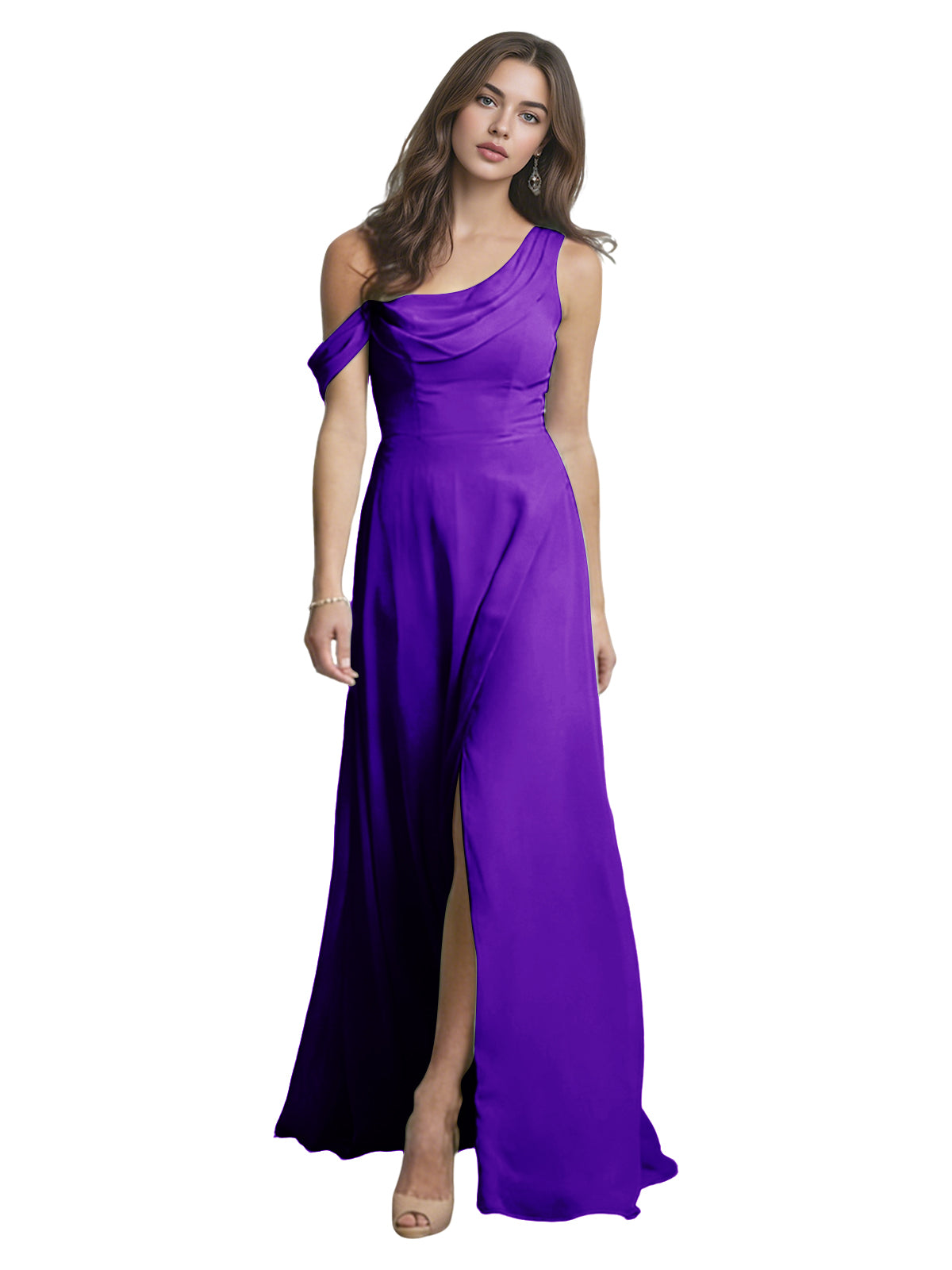 One Shoulder Satin Bridesmaid Dress with Draped Neckline and Slit