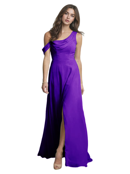 One Shoulder Satin Bridesmaid Dress with Draped Neckline and Slit