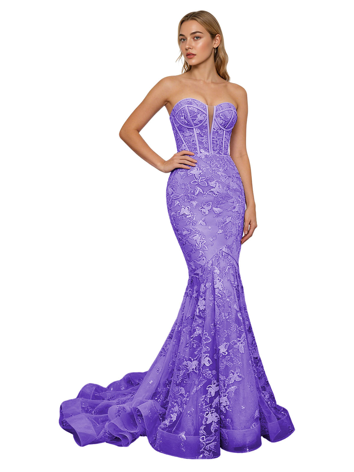Strapless Lavender Lace Mermaid Prom Dress with Sheer Corset and Train