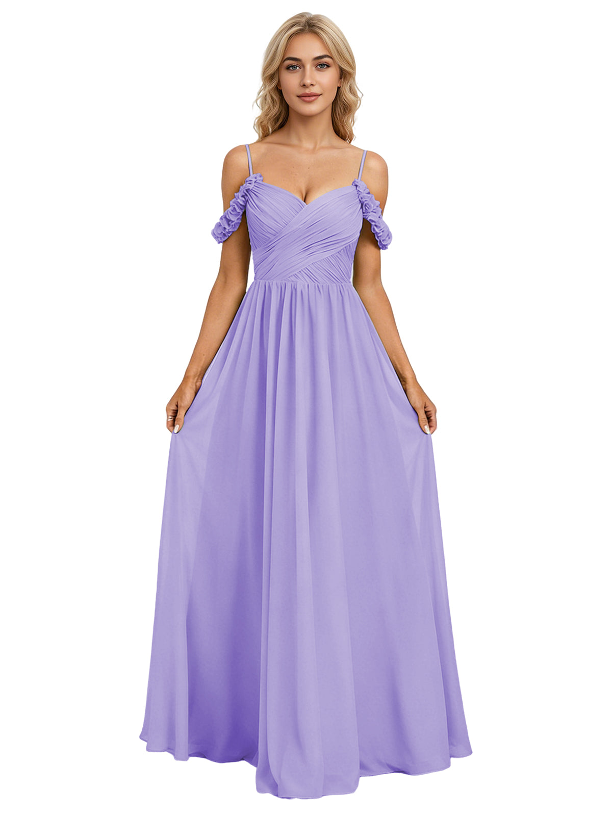 Off Shoulder Lace Applique Bridesmaid Dress with Flowing Chiffon dress