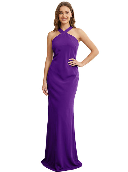 High Neck Halter Bridesmaid Dress with Sleek Column Silhouette