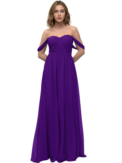 Off Shoulder Sweetheart Chiffon Bridesmaid Dress with Ruched Bodice