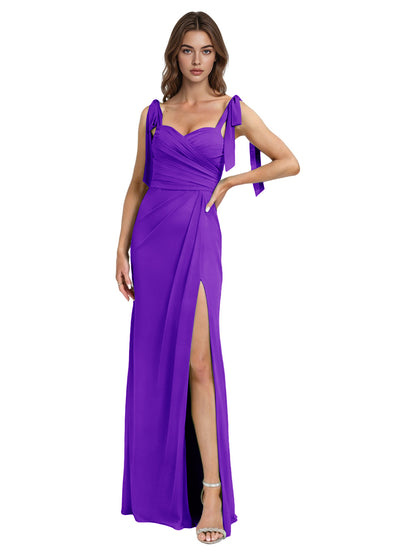 Tie Strap Chiffon Bridesmaid Dress with Square Neck and High Slit