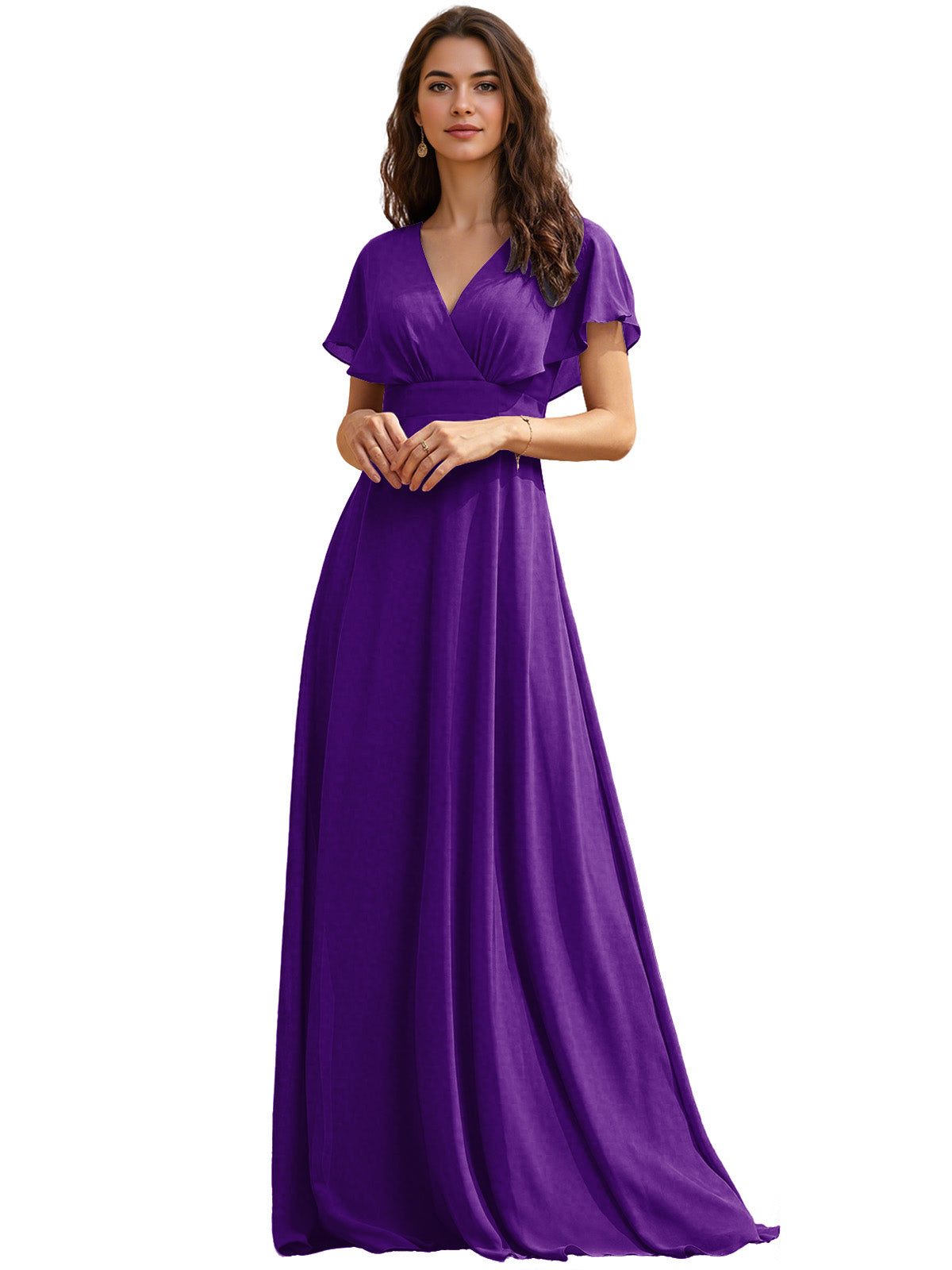 Flutter Sleeve V-Neck Chiffon Bridesmaid Dress with Flowing dress