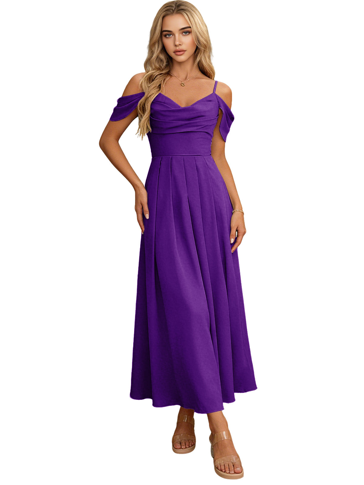 Off Shoulder Midi Bridesmaid Dress with Pleated Bodice and Flowing dress