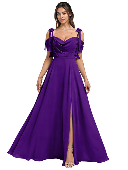 Cowl Neck Cold Shoulder Bridesmaid Dress with High Slit Chiffon Dress