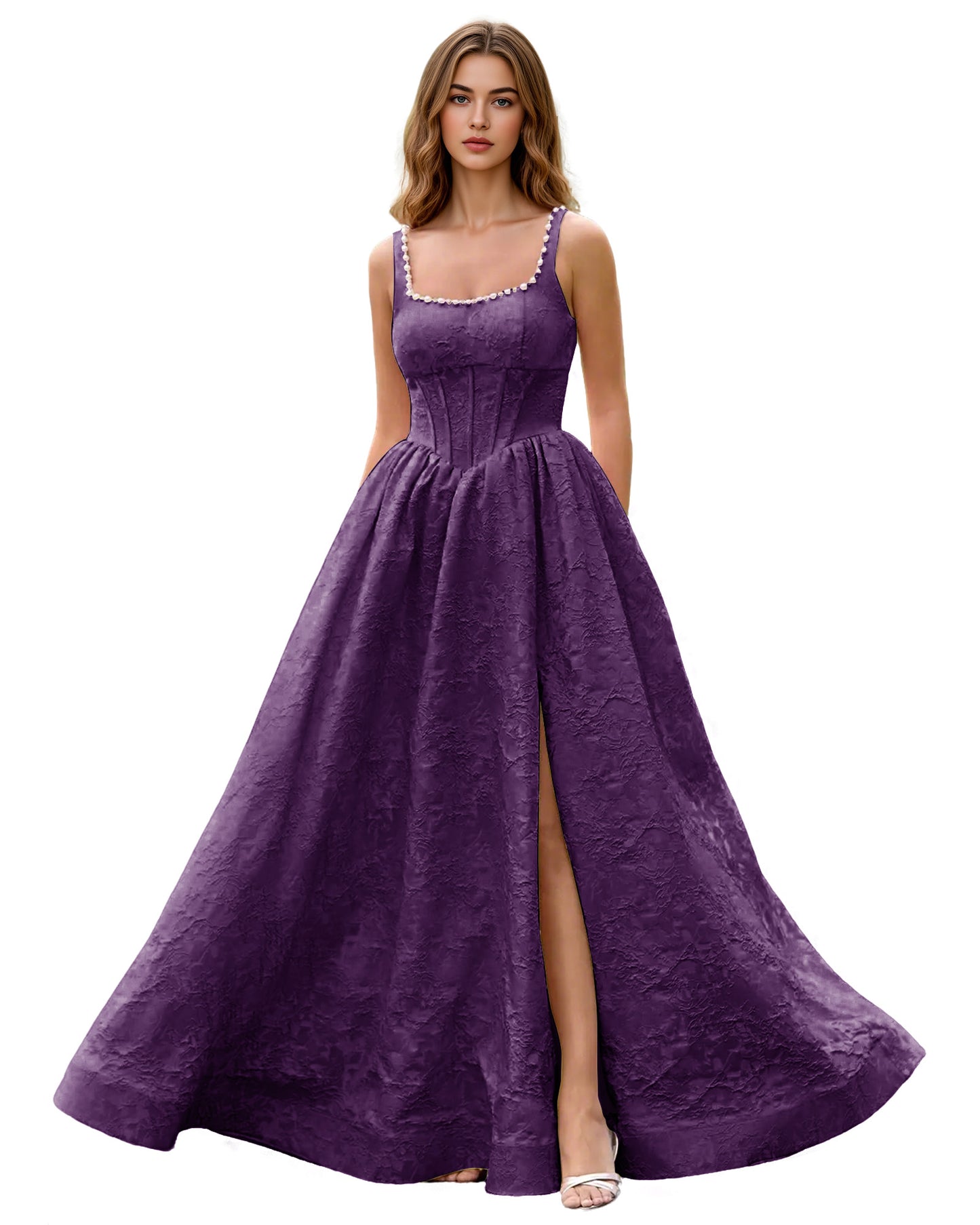 Square Neck Jacquard Ball Gown Prom Dress with Wide Straps and Pockets