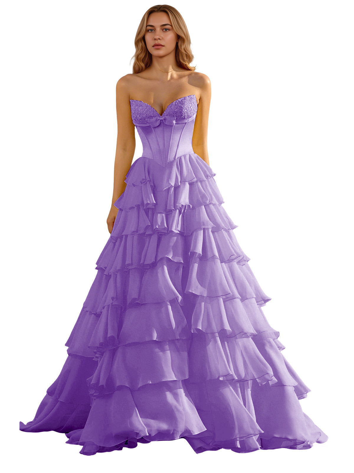Strapless Tiered Organza Ball Gown Prom Dress with Corset Top