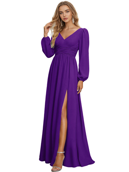 Long Sleeve V-Neck Chiffon Bridesmaid Dress with Front Slit
