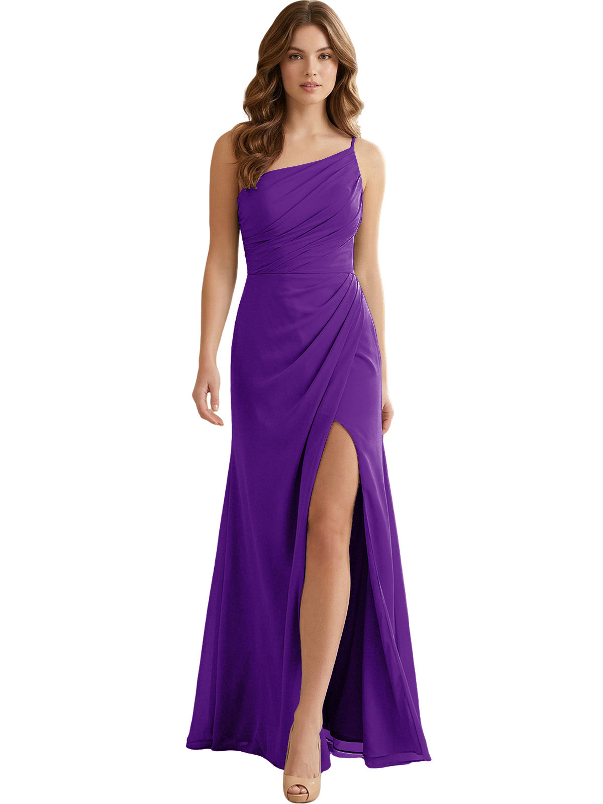 One Shoulder Ruched Chiffon Bridesmaid Dress with Front Slit