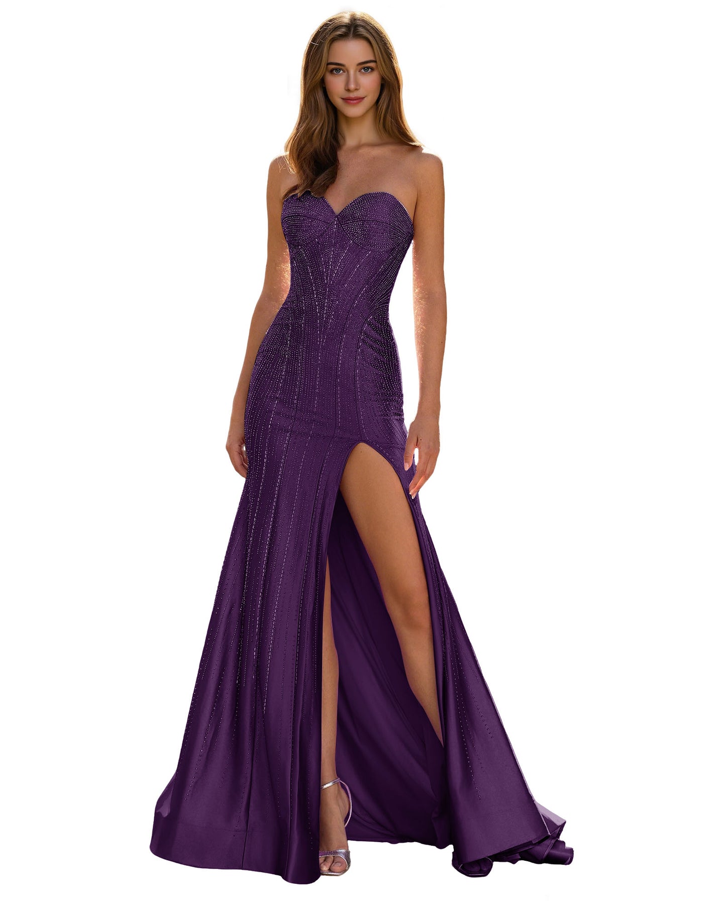 Strapless Sequin Column Prom Dress with Side Slit and Sweep Train