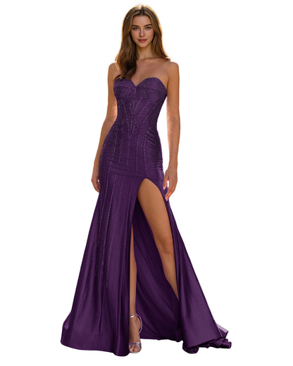 Strapless Sequin Column Prom Dress with Side Slit and Sweep Train