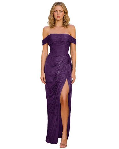 Off Shoulder Ruched Jersey Prom Dress with Wrap Bodice and High Slit