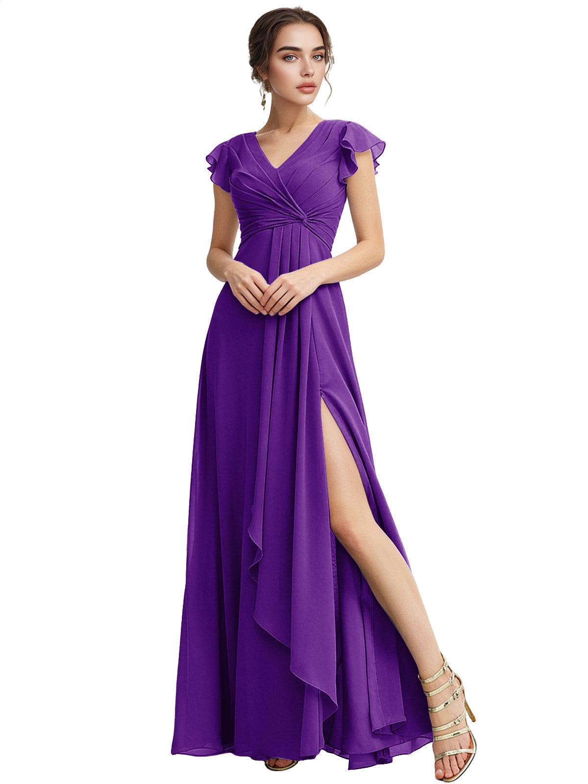 Cap Sleeve Chiffon Bridesmaid Dress with Ruffle V-Neck and Slit