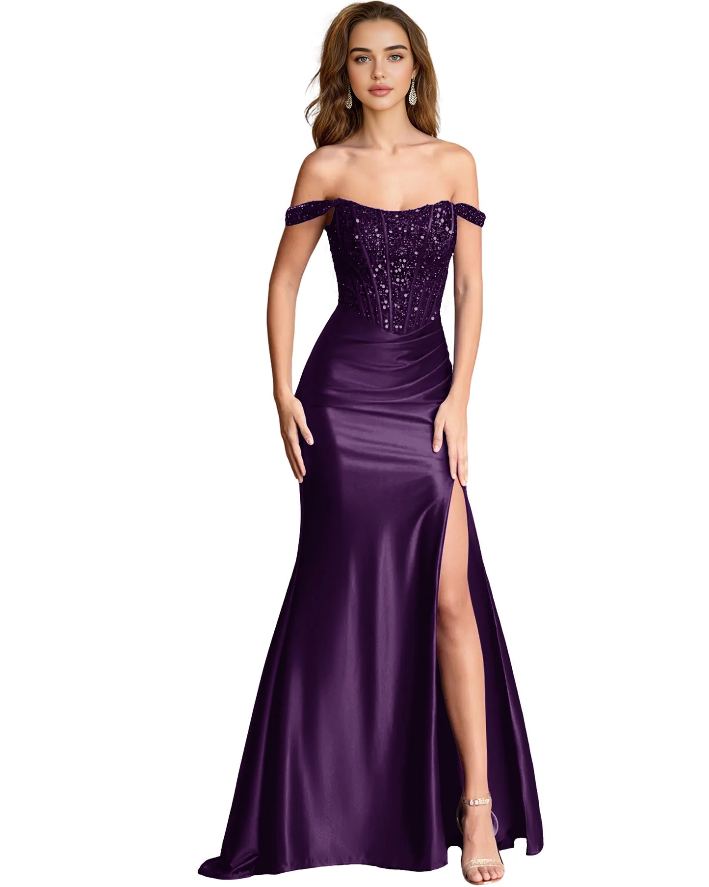 Off Shoulder Sequin Satin Mermaid Dress with Draped dress Slit