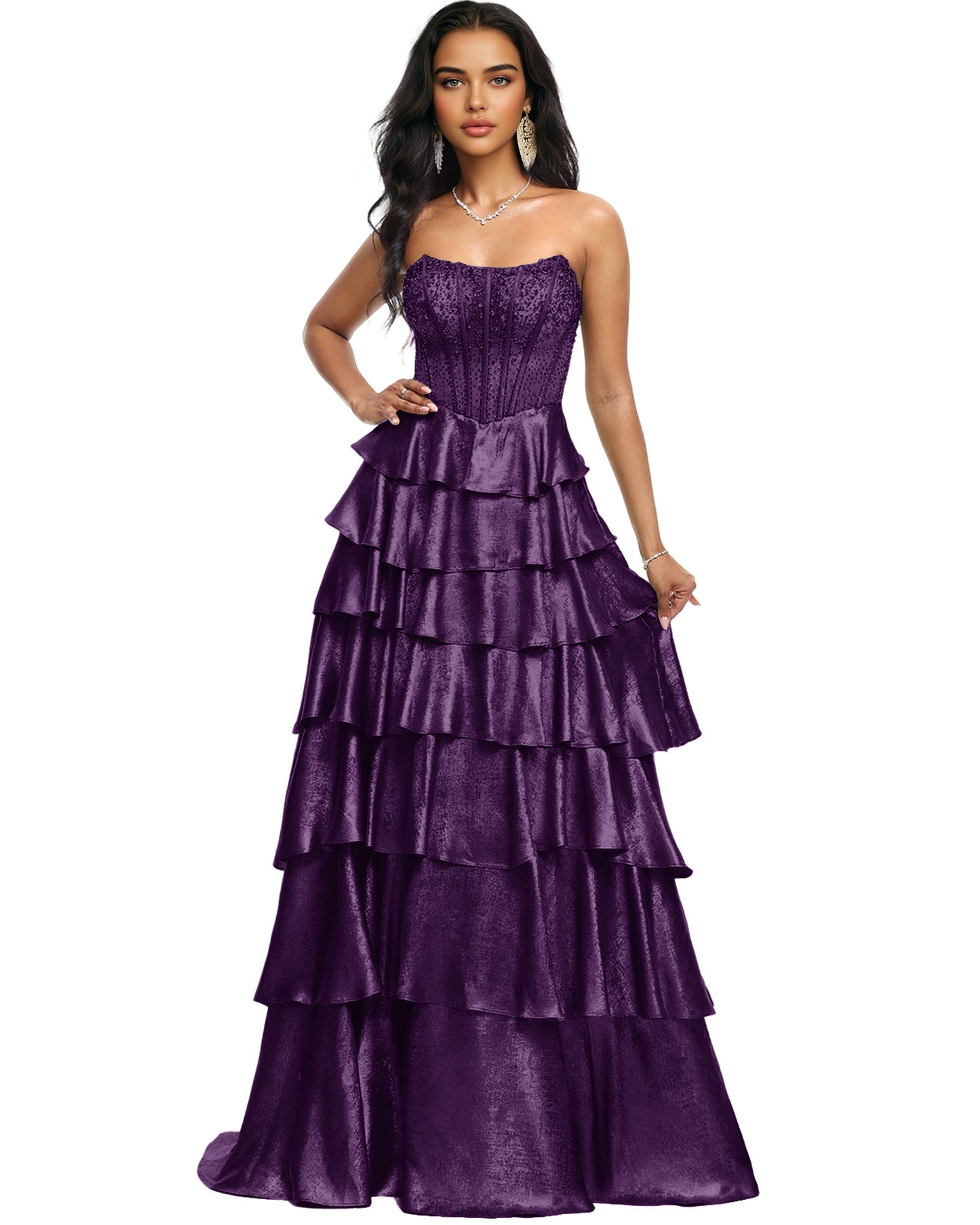 Strapless Tiered Sequin A-Line Prom Dress with Ruffle Layers