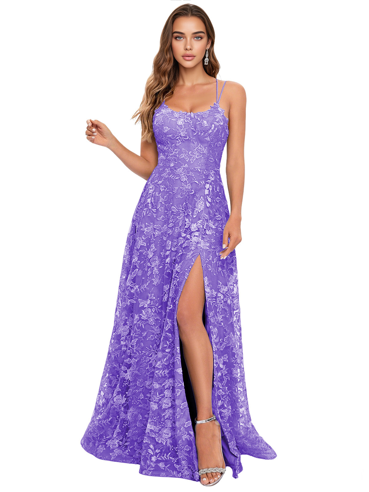 Scoop Neck Lace A-Line Prom Dress with Spaghetti Straps and Side Slit