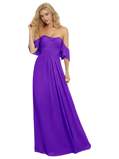 Off Shoulder Chiffon Bridesmaid Dress with Bow Sleeve Detail