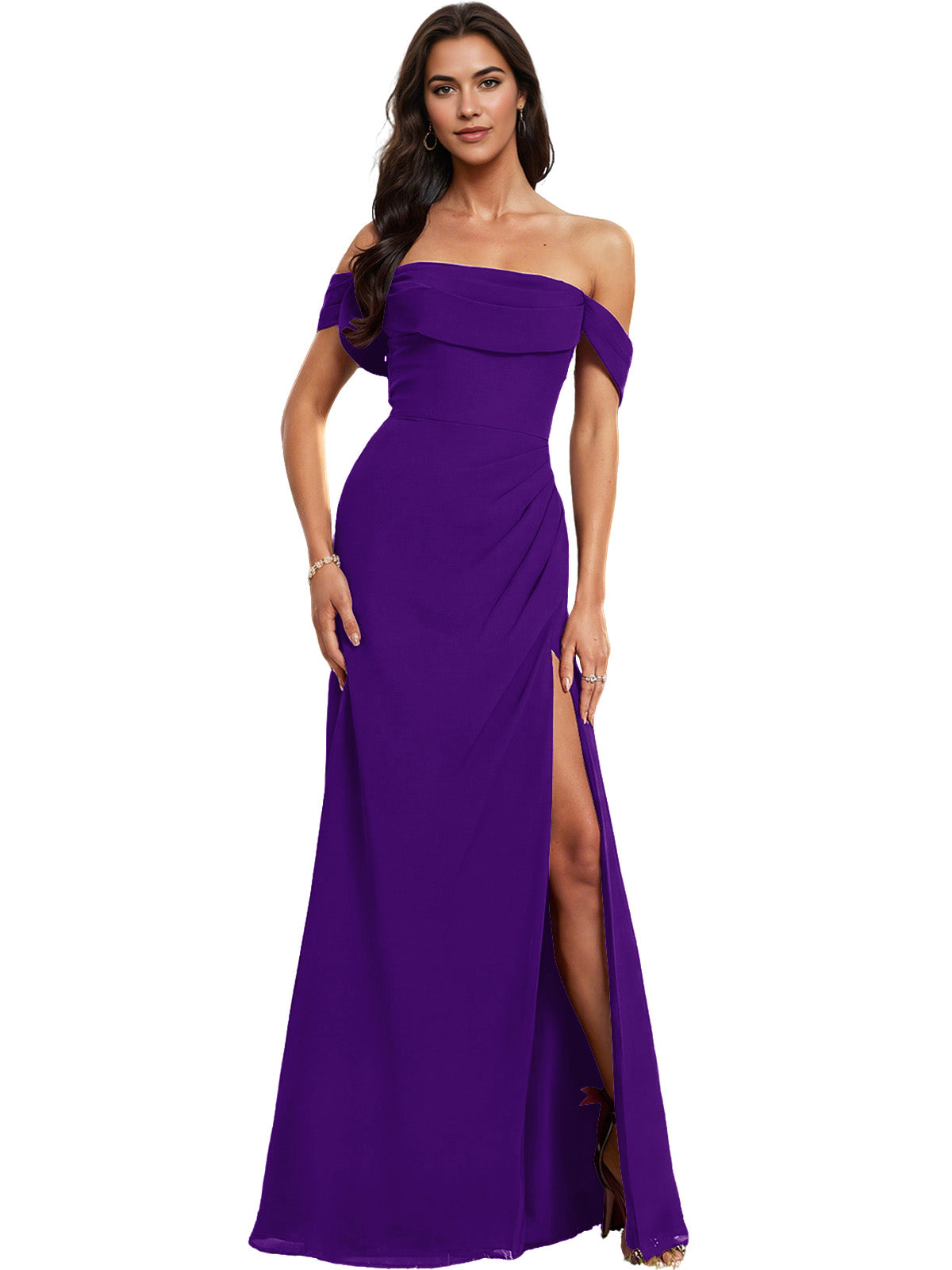 Off Shoulder Crepe Bridesmaid Dress with Foldover Neckline and Slit