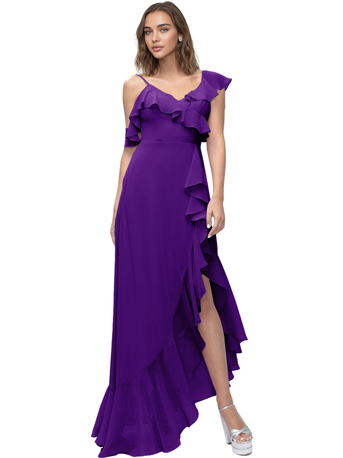 Asymmetrical Ruffle Chiffon Bridesmaid Dress with High Low Slit