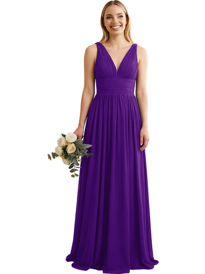 Deep V-Neck Chiffon Bridesmaid Dress with Pleated Waist
