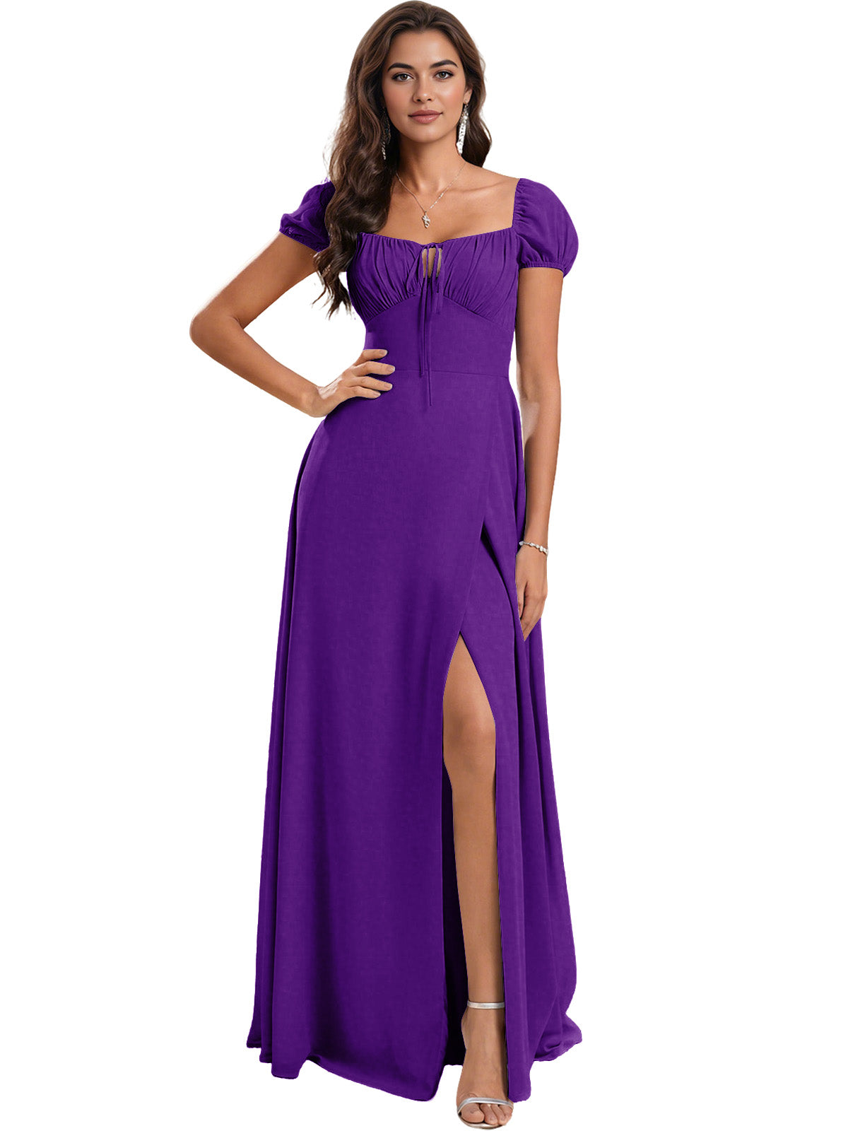 Ruched Short Sleeve Chiffon Bridesmaid Dress with Side Slit