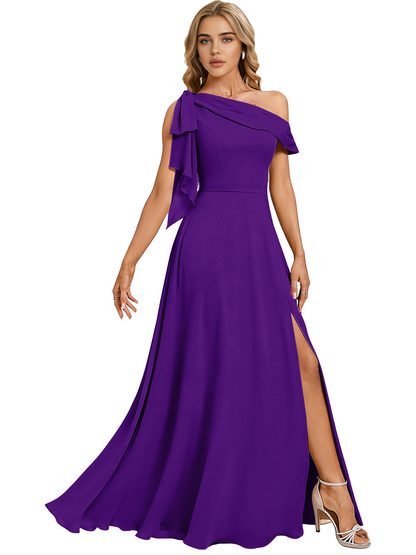 Asymmetric Off Shoulder Bridesmaid Dress with Draped Sleeve and Slit