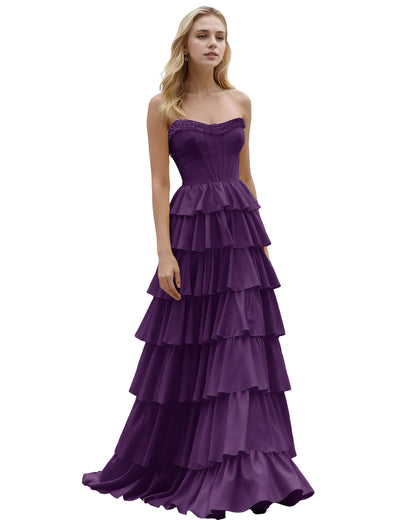 Strapless Tiered Ruffle A-Line Prom Dress with Corset Bodice