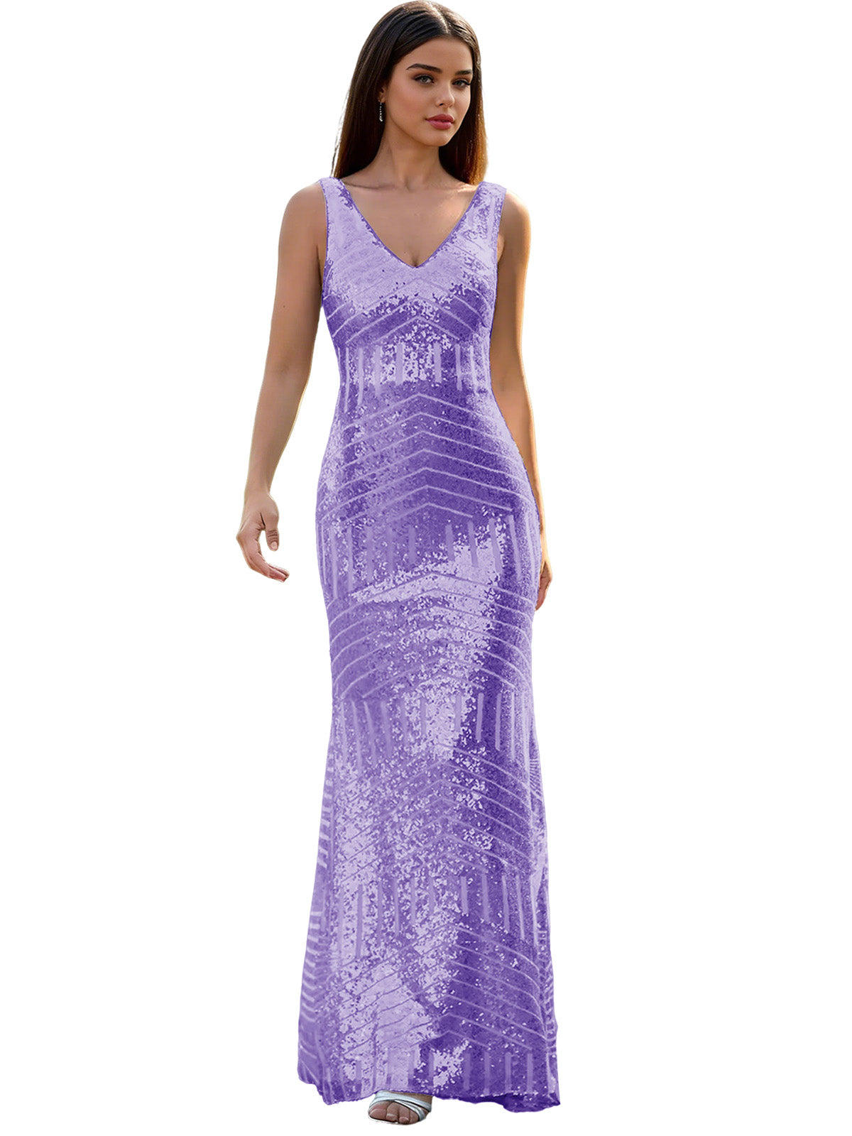 V-Neck Sequin Column Prom Dress with Beaded Waist and Low Back