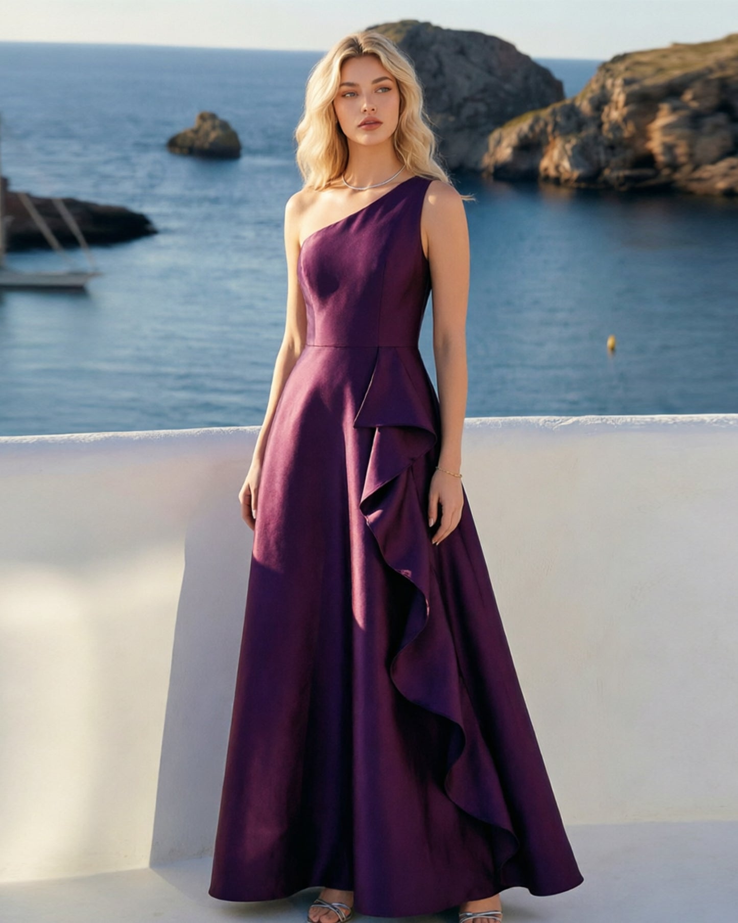 One Shoulder Satin Ball Gown with Cascading Ruffle dress