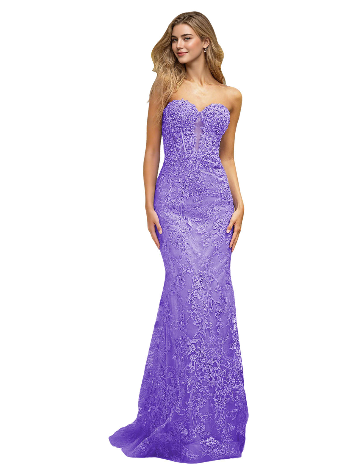 Strapless Floral Lace Mermaid Prom Dress with Sparkle Applique and Train