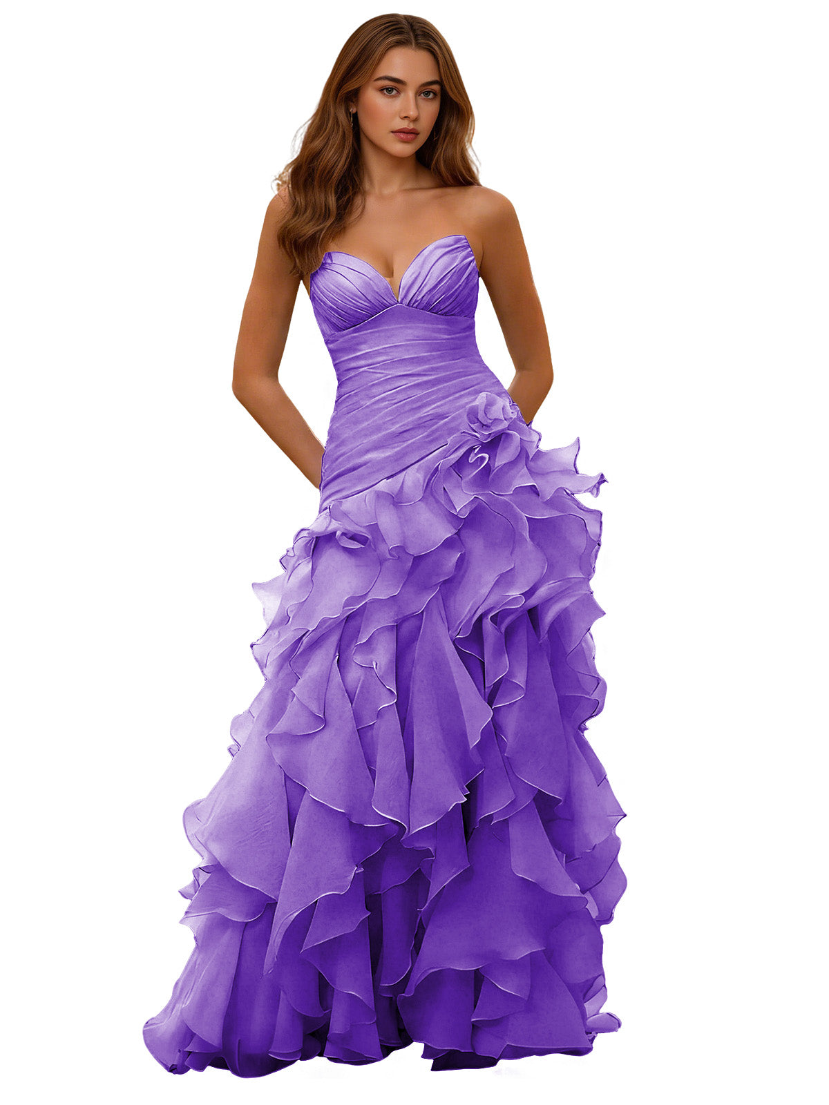 Strapless Organza Ruffle Ball Gown Prom Dress with Draped Corset Bodice