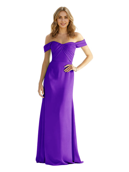 Sweetheart Off Shoulder Satin Bridesmaid Dress with Wrapped Bodice