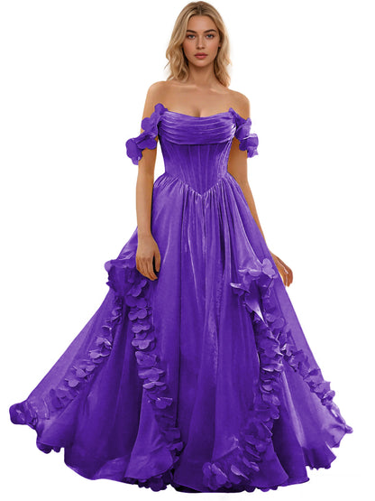 Off Shoulder Ruffle Tulle Ball Gown Prom Dress with Floral Applique