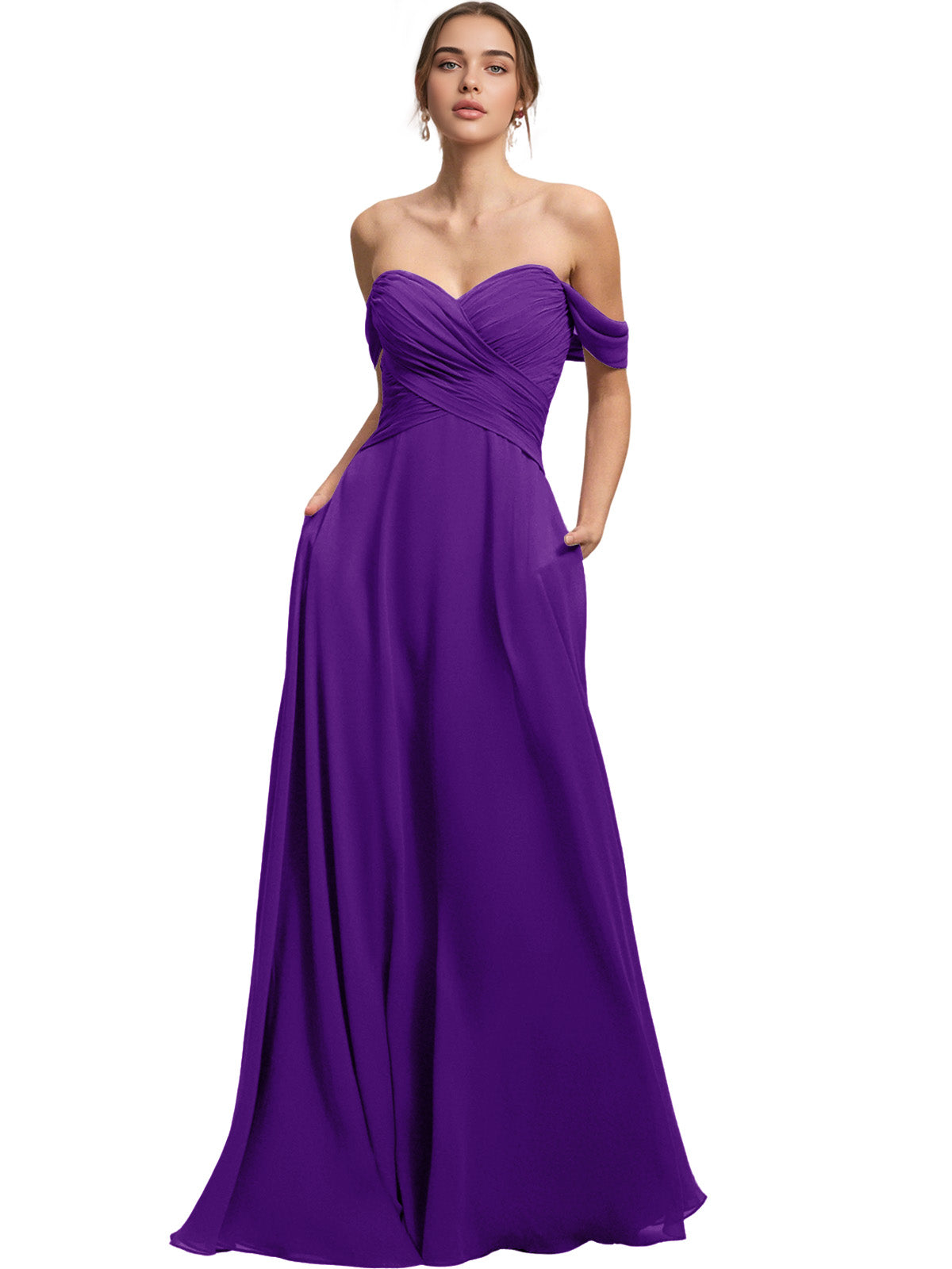 Off Shoulder Chiffon Bridesmaid Dress with Draped Bodice and A-Line Dress