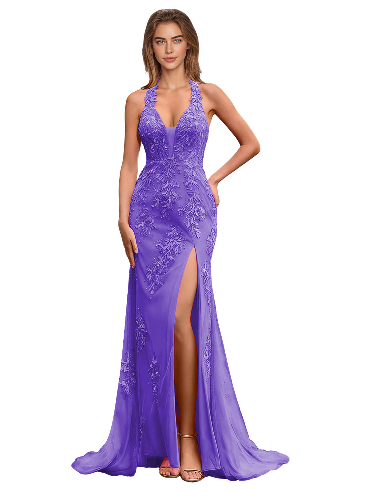 Halter Lace Mermaid Prom Dress with Applique Bodice and Thigh Slit