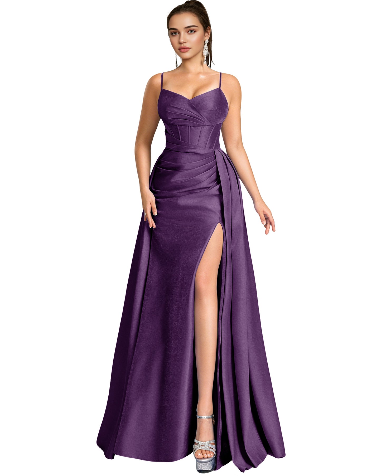 One Shoulder Satin A-Line Prom Dress with Wrap Bodice and Side Slit