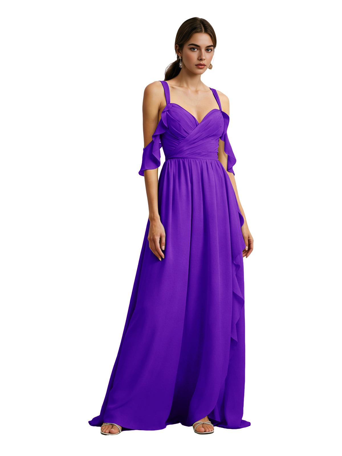 Cold Shoulder Chiffon Bridesmaid Dress with Draped V-Neck Bodice