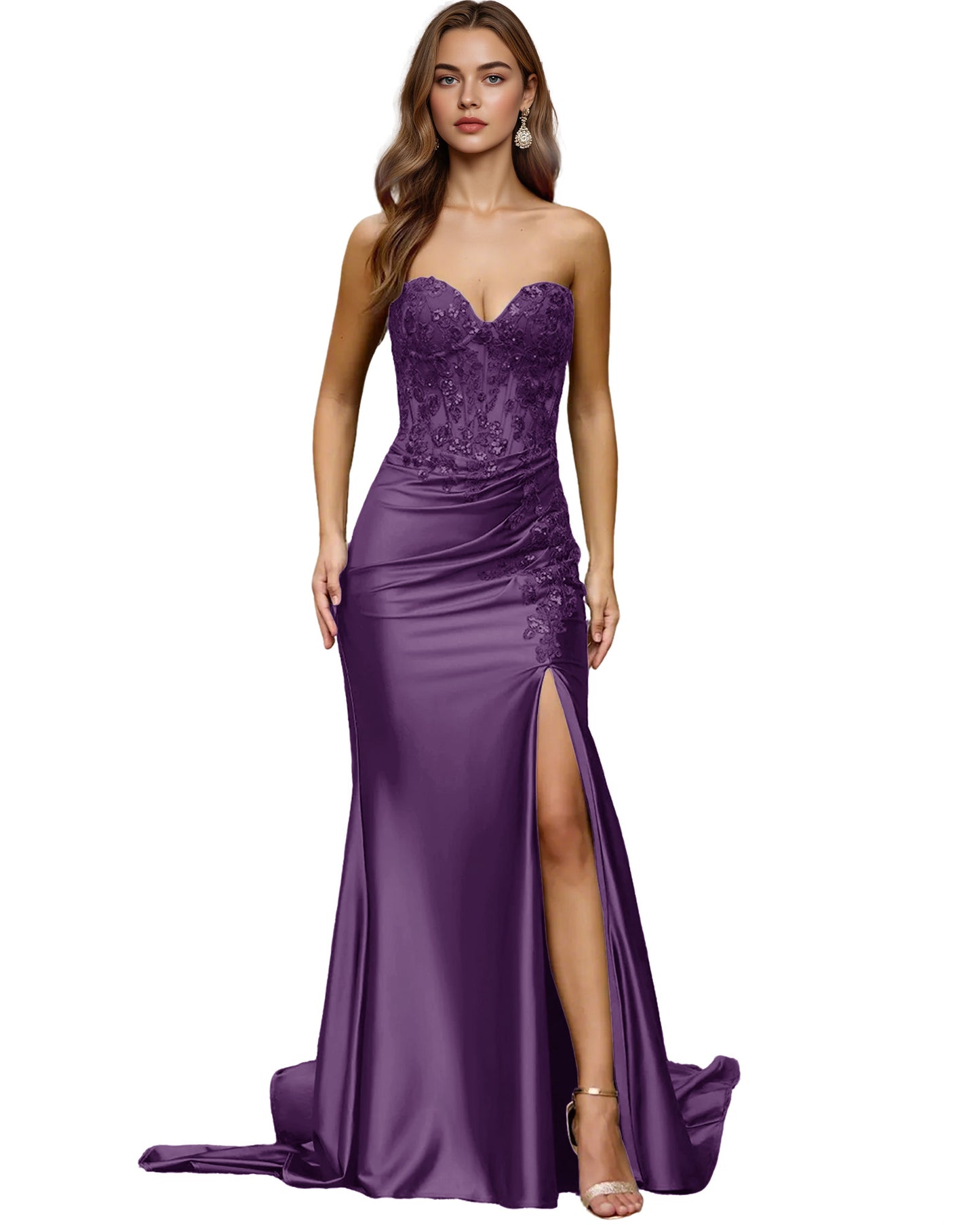 Strapless Emerald Satin Mermaid Prom Dress with Beaded Bodice and Slit