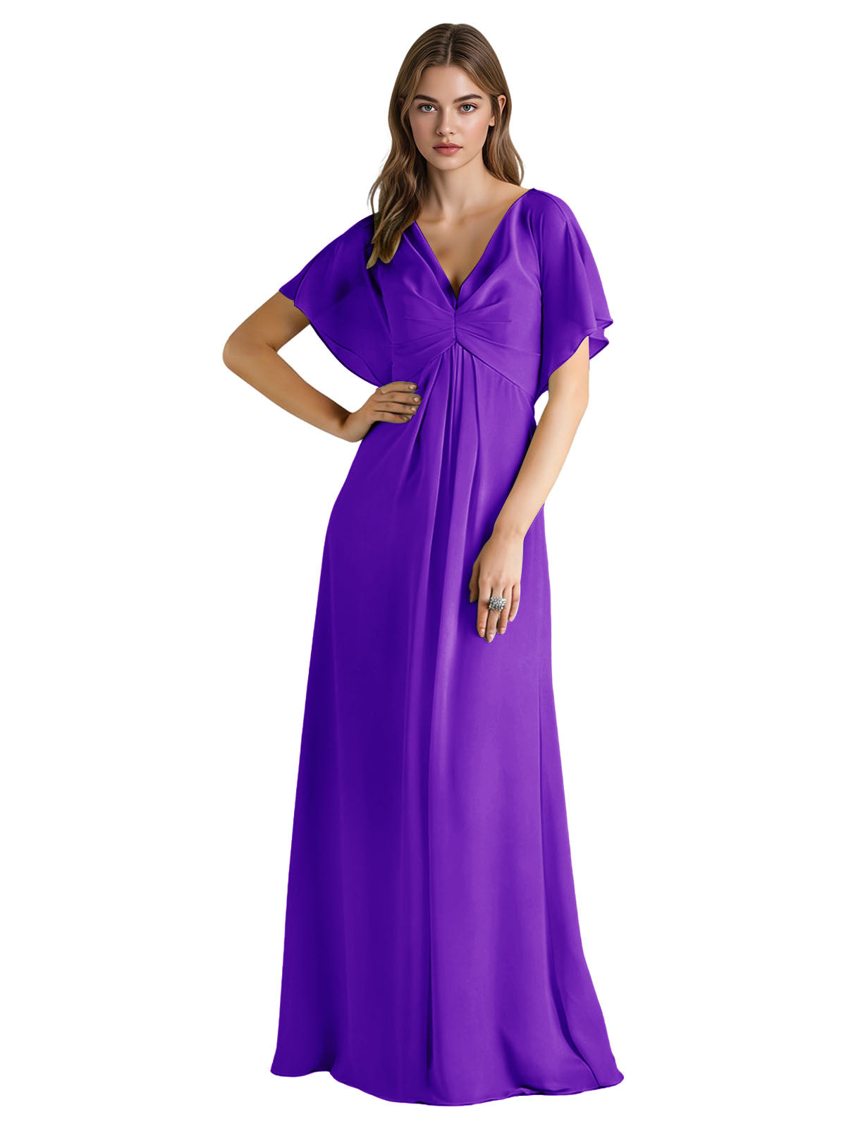 Short Sleeve V-Neck Chiffon Bridesmaid Dress with Gathered Waist