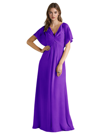 Short Sleeve V-Neck Chiffon Bridesmaid Dress with Gathered Waist