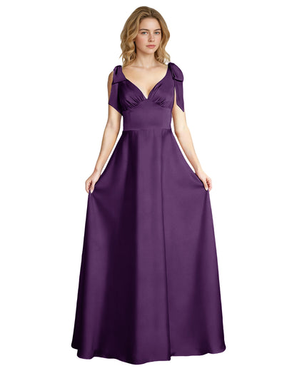 V-Neck Bow Strap Satin Bridesmaid Dress with Empire Waist