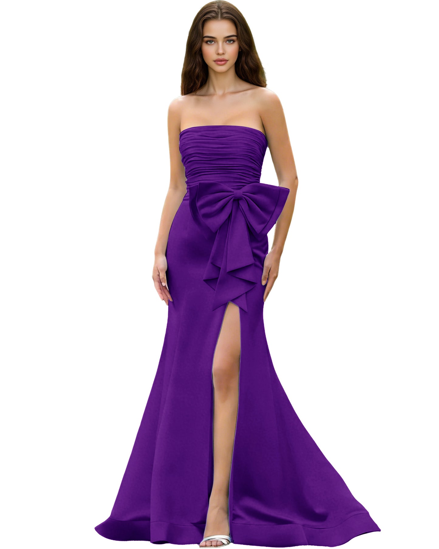 Strapless Bow Detail Satin Prom Dress with Ruched Bodice and Slit