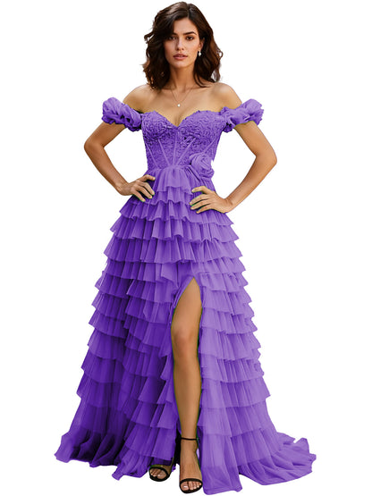 Off Shoulder Tulle Ball Gown Prom Dress with Ruffle Sleeves and Slit
