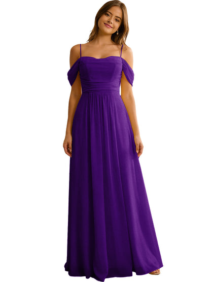 Off Shoulder Chiffon Bridesmaid Dress with Soft Pleated Bodice