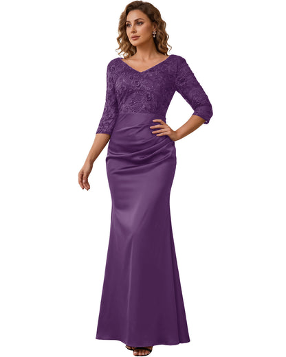 Mother of the Bride Dress Long Lace Mermaid Formal Gown with 3/4 Sleeves